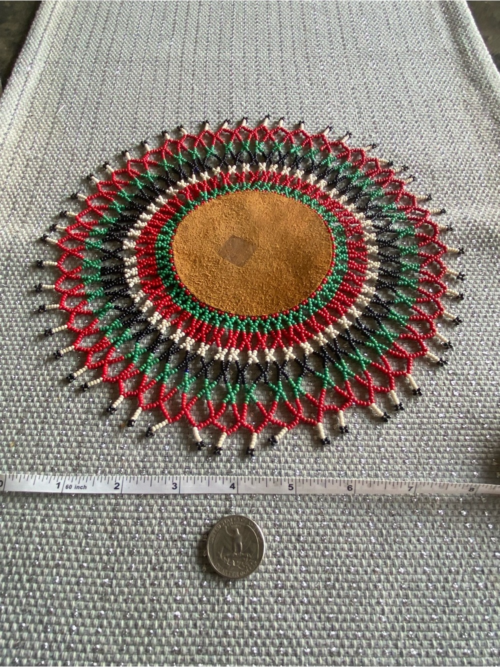 Handmade Beaded Doily with Suede Center - Red Green Black 9”